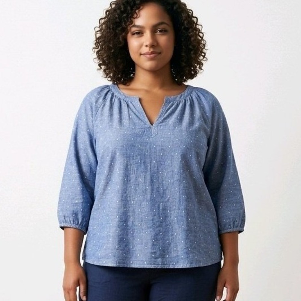 Lane Bryant Blouse Blue Clip Dot Cotton 3/4 Sleeve Casual Boho Plus Size 22/24